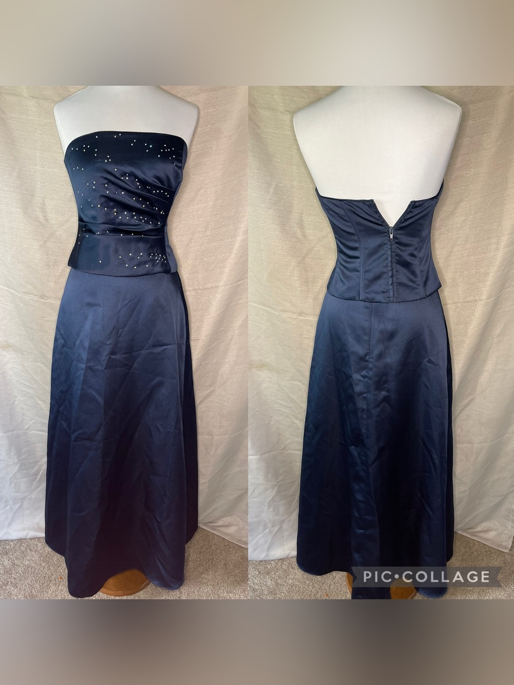 Vintage 2 Piece Strapless Navy Evening Dress with Beaded Bodice